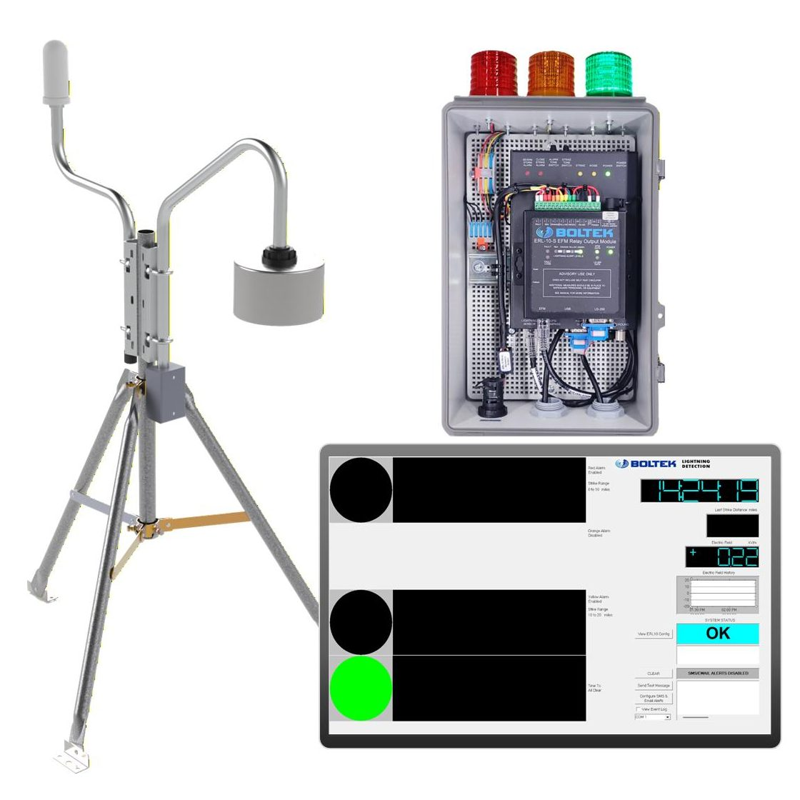 Boltek ERL10-KIT2 dual-sensor lightning detection kit — sensors, relay cabinet and monitoring display